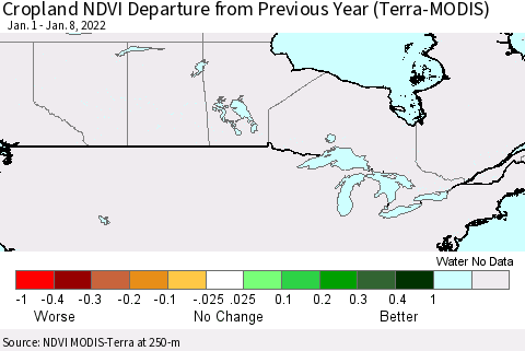 Canada Cropland NDVI Departure from Previous Year (Terra-MODIS) Thematic Map For 1/1/2022 - 1/8/2022