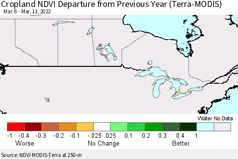 Canada Cropland NDVI Departure from Previous Year (Terra-MODIS) Thematic Map For 3/6/2022 - 3/13/2022