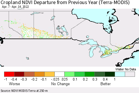 Canada Cropland NDVI Departure from Previous Year (Terra-MODIS) Thematic Map For 4/7/2022 - 4/14/2022
