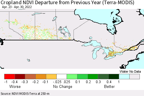 Canada Cropland NDVI Departure from Previous Year (Terra-MODIS) Thematic Map For 4/23/2022 - 4/30/2022