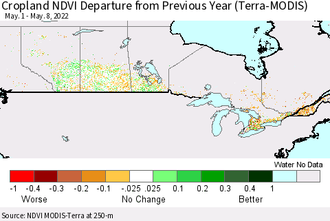 Canada Cropland NDVI Departure from Previous Year (Terra-MODIS) Thematic Map For 5/1/2022 - 5/8/2022