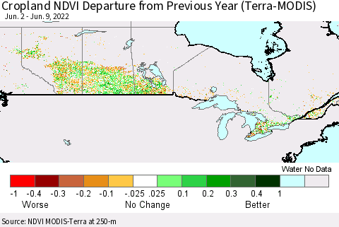 Canada Cropland NDVI Departure from Previous Year (Terra-MODIS) Thematic Map For 6/2/2022 - 6/9/2022