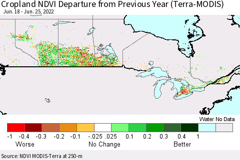 Canada Cropland NDVI Departure from Previous Year (Terra-MODIS) Thematic Map For 6/18/2022 - 6/25/2022
