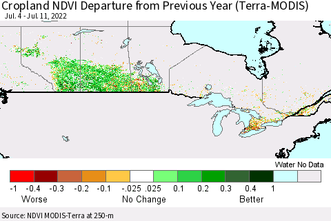 Canada Cropland NDVI Departure from Previous Year (Terra-MODIS) Thematic Map For 7/4/2022 - 7/11/2022
