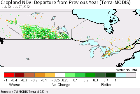 Canada Cropland NDVI Departure from Previous Year (Terra-MODIS) Thematic Map For 7/20/2022 - 7/27/2022