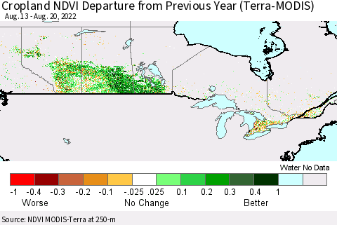 Canada Cropland NDVI Departure from Previous Year (Terra-MODIS) Thematic Map For 8/13/2022 - 8/20/2022