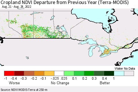 Canada Cropland NDVI Departure from Previous Year (Terra-MODIS) Thematic Map For 8/21/2022 - 8/28/2022