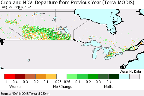 Canada Cropland NDVI Departure from Previous Year (Terra-MODIS) Thematic Map For 8/29/2022 - 9/5/2022