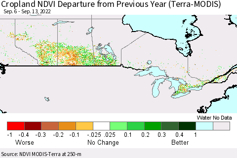 Canada Cropland NDVI Departure from Previous Year (Terra-MODIS) Thematic Map For 9/6/2022 - 9/13/2022