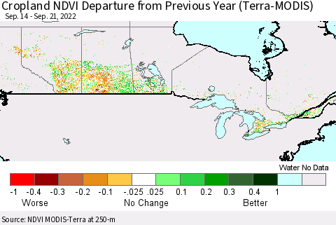 Canada Cropland NDVI Departure from Previous Year (Terra-MODIS) Thematic Map For 9/14/2022 - 9/21/2022