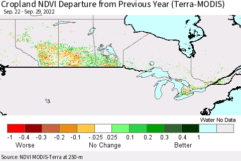 Canada Cropland NDVI Departure from Previous Year (Terra-MODIS) Thematic Map For 9/22/2022 - 9/29/2022