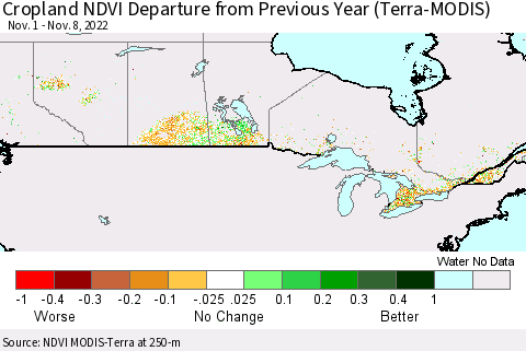 Canada Cropland NDVI Departure from Previous Year (Terra-MODIS) Thematic Map For 11/1/2022 - 11/8/2022