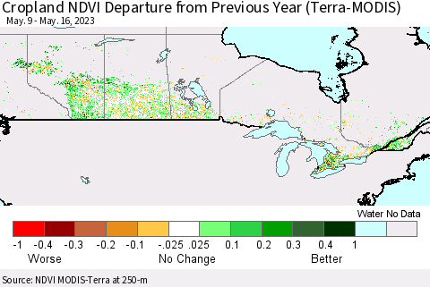 Canada Cropland NDVI Departure from Previous Year (Terra-MODIS) Thematic Map For 5/9/2023 - 5/16/2023