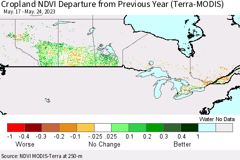 Canada Cropland NDVI Departure from Previous Year (Terra-MODIS) Thematic Map For 5/17/2023 - 5/24/2023