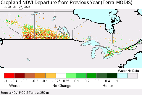 Canada Cropland NDVI Departure from Previous Year (Terra-MODIS) Thematic Map For 7/20/2023 - 7/27/2023