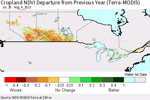 Canada Cropland NDVI Departure from Previous Year (Terra-MODIS) Thematic Map For 7/28/2023 - 8/4/2023