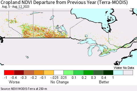 Canada Cropland NDVI Departure from Previous Year (Terra-MODIS) Thematic Map For 8/5/2023 - 8/12/2023