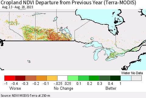 Canada Cropland NDVI Departure from Previous Year (Terra-MODIS) Thematic Map For 8/13/2023 - 8/20/2023
