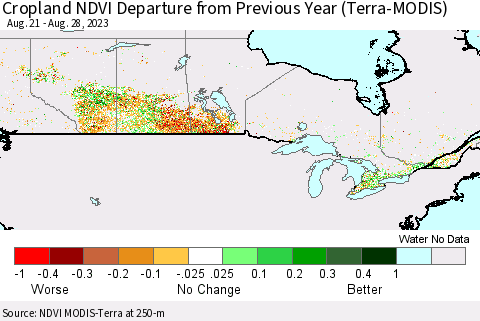 Canada Cropland NDVI Departure from Previous Year (Terra-MODIS) Thematic Map For 8/21/2023 - 8/28/2023