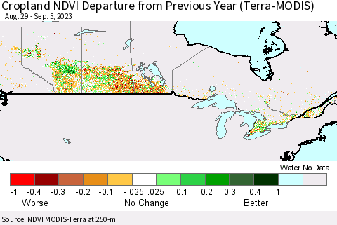 Canada Cropland NDVI Departure from Previous Year (Terra-MODIS) Thematic Map For 8/29/2023 - 9/5/2023