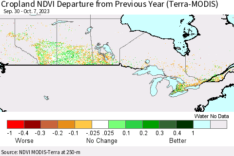Canada Cropland NDVI Departure from Previous Year (Terra-MODIS) Thematic Map For 9/30/2023 - 10/7/2023