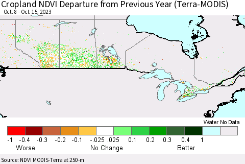 Canada Cropland NDVI Departure from Previous Year (Terra-MODIS) Thematic Map For 10/8/2023 - 10/15/2023