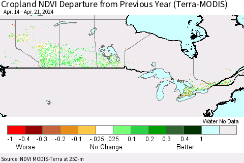 Canada Cropland NDVI Departure from Previous Year (Terra-MODIS) Thematic Map For 4/14/2024 - 4/21/2024