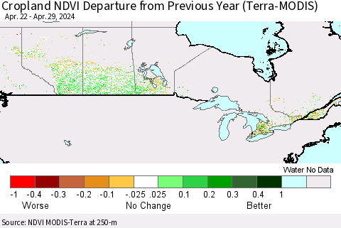 Canada Cropland NDVI Departure from Previous Year (Terra-MODIS) Thematic Map For 4/22/2024 - 4/29/2024