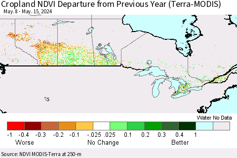 Canada Cropland NDVI Departure from Previous Year (Terra-MODIS) Thematic Map For 5/8/2024 - 5/15/2024