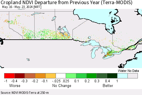 Canada Cropland NDVI Departure from Previous Year (Terra-MODIS) Thematic Map For 5/16/2024 - 5/23/2024
