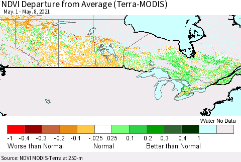 Canada NDVI Departure from Average (Terra-MODIS) Thematic Map For 5/1/2021 - 5/8/2021