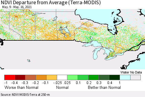 Canada NDVI Departure from Average (Terra-MODIS) Thematic Map For 5/9/2021 - 5/16/2021