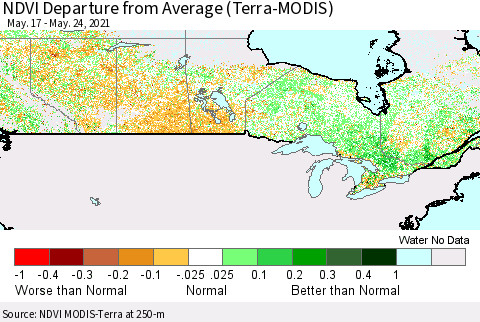 Canada NDVI Departure from Average (Terra-MODIS) Thematic Map For 5/17/2021 - 5/24/2021