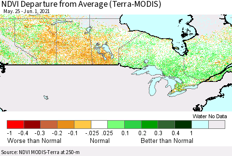 Canada NDVI Departure from Average (Terra-MODIS) Thematic Map For 5/25/2021 - 6/1/2021