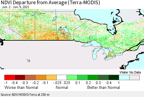 Canada NDVI Departure from Average (Terra-MODIS) Thematic Map For 6/2/2021 - 6/9/2021