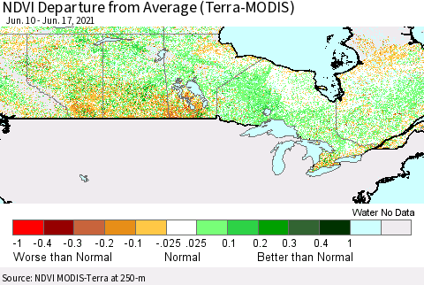 Canada NDVI Departure from Average (Terra-MODIS) Thematic Map For 6/10/2021 - 6/17/2021