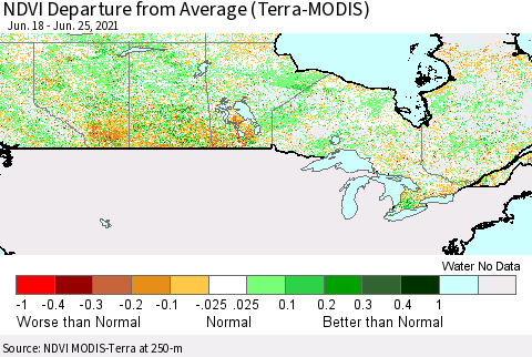 Canada NDVI Departure from Average (Terra-MODIS) Thematic Map For 6/18/2021 - 6/25/2021