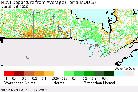 Canada NDVI Departure from Average (Terra-MODIS) Thematic Map For 6/26/2021 - 7/3/2021