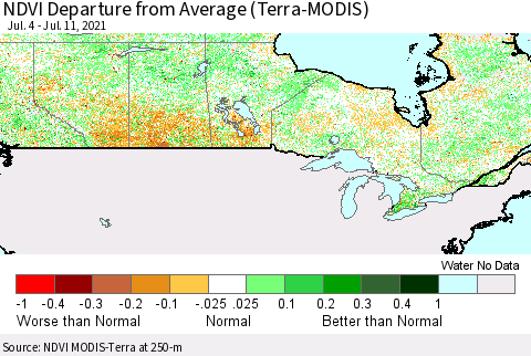 Canada NDVI Departure from Average (Terra-MODIS) Thematic Map For 7/4/2021 - 7/11/2021
