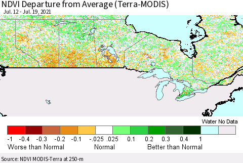 Canada NDVI Departure from Average (Terra-MODIS) Thematic Map For 7/12/2021 - 7/19/2021