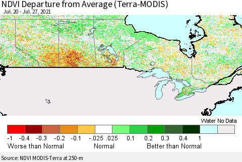 Canada NDVI Departure from Average (Terra-MODIS) Thematic Map For 7/20/2021 - 7/27/2021