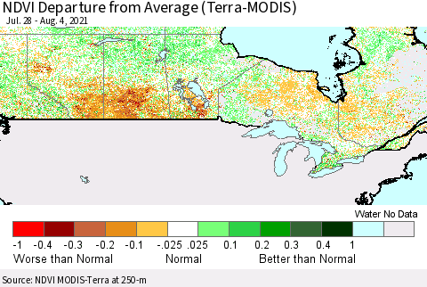 Canada NDVI Departure from Average (Terra-MODIS) Thematic Map For 7/28/2021 - 8/4/2021