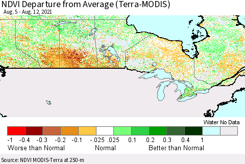 Canada NDVI Departure from Average (Terra-MODIS) Thematic Map For 8/5/2021 - 8/12/2021