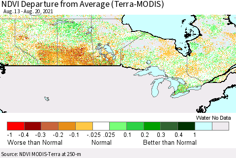 Canada NDVI Departure from Average (Terra-MODIS) Thematic Map For 8/13/2021 - 8/20/2021