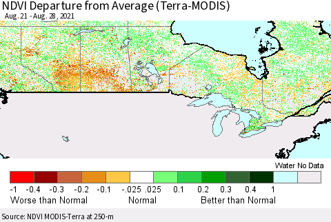 Canada NDVI Departure from Average (Terra-MODIS) Thematic Map For 8/21/2021 - 8/28/2021