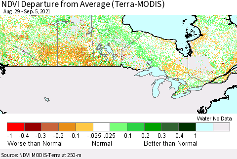 Canada NDVI Departure from Average (Terra-MODIS) Thematic Map For 8/29/2021 - 9/5/2021