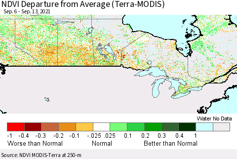 Canada NDVI Departure from Average (Terra-MODIS) Thematic Map For 9/6/2021 - 9/13/2021