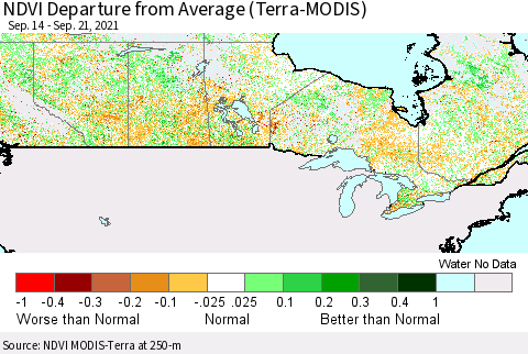 Canada NDVI Departure from Average (Terra-MODIS) Thematic Map For 9/14/2021 - 9/21/2021