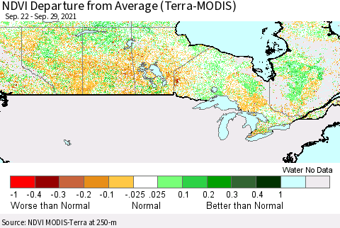 Canada NDVI Departure from Average (Terra-MODIS) Thematic Map For 9/22/2021 - 9/29/2021