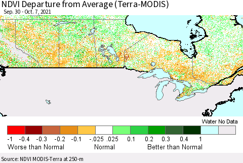 Canada NDVI Departure from Average (Terra-MODIS) Thematic Map For 9/30/2021 - 10/7/2021